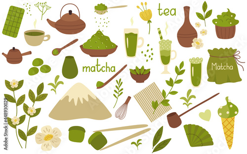 Matcha powder green tea set of elements. Teapot, cup, bamboo spoon, whisk, strainer, sweets and drinks. Vector illustration isolated. For postcard, design decor