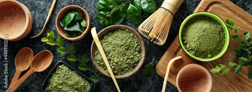 Panel kuchenny z motywem Concept of japanese tea with matcha on dark table