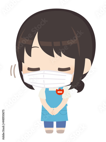 マスクを付けた保育士のイラスト お辞儀