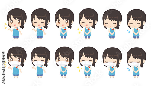 マスクを付けた保育士のイラストセット