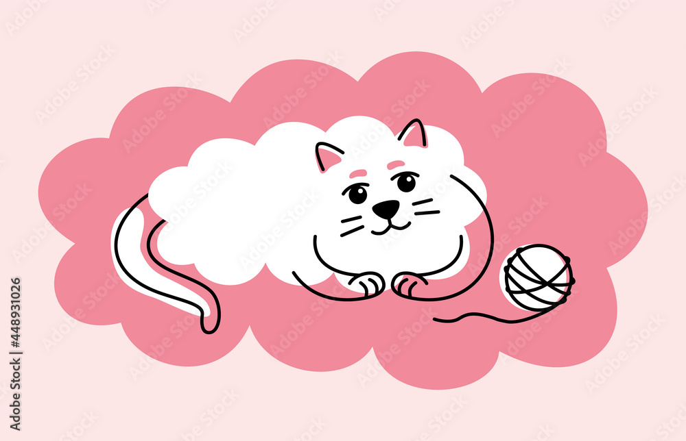 A cloud-shaped cat lies on a pink cloud, looking at a skein of yarn. Cute pet on a pink background. Flat vector illustration. A cloud-shaped cat lies on a pink cloud, looking at a skein of yarn. Cute pet on a pink background. Flat vector illustration.