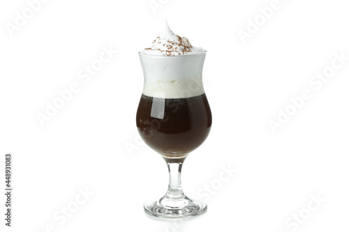 Glass of irish coffee isolated on white background