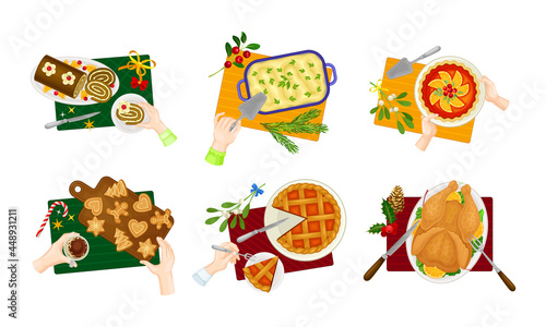 Human Hand and Served Pie and Meat on Plate as Traditional Christmas Eve Dish and Dessert Above View Vector Set
