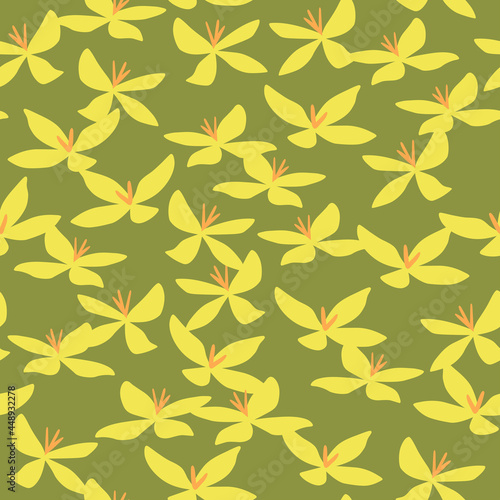 Little yellow flowers seamless pattern on green background. Simple floral design. Vector illustration
