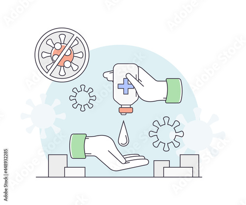 Pandemic with Hands Sanitizing as Safety Measure Line Vector Illustration
