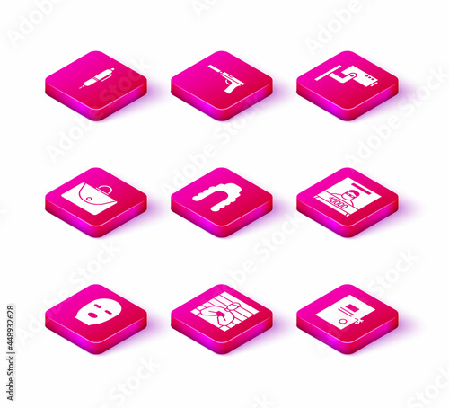 Set Thief mask, Suspect criminal, Briefcase, Judge wig, Lawsuit paper, Wanted poster, Security camera and Pistol or gun with silencer icon. Vector