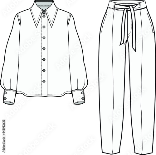 Billede på lærred women narrow collar bishop sleeve blouse and knotted waist formal pant flat sket