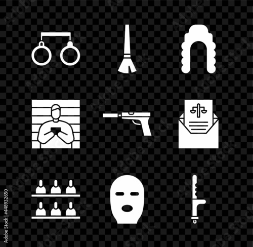 Set Handcuffs, Paint brush, Judge wig, Jurors, Thief mask, Police rubber baton, Suspect criminal and Pistol gun with silencer icon. Vector