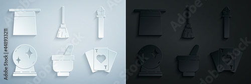 Set Magic mortar and pestle, staff, ball, Playing cards, Witches broom and Magician hat icon. Vector