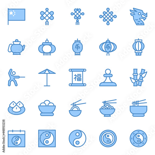 Filled blue outline icons for chinese culture.