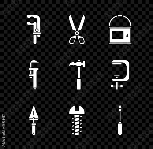 Set Clamp tool, Scissors, Paint bucket, Trowel, Metallic screw, Screwdriver, Calliper caliper and scale and Claw hammer icon. Vector