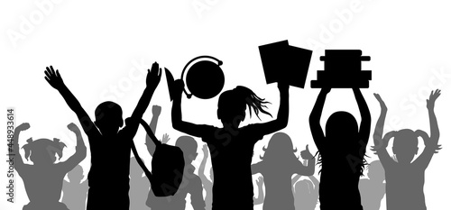 Back to school. Happy school children or first graders with books, globe, backpack on background of cheerful crowd of children. Silhouette. Vector illustration.