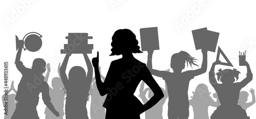 Silhouette of teacher on background of cheerful crowd of school children or pupils with school supplies. Back to school. Vector illustration