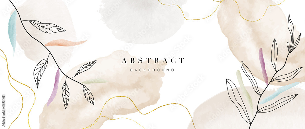 Abstract art flower background vector. Luxury minimal style wallpaper with golden line art floral and botanical leaves, Spring growing flowers and Organic shapes watercolor.  - obrazy, fototapety, plakaty 