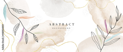 Abstract art flower background vector. Luxury minimal style wallpaper with golden line art floral and botanical leaves, Spring growing flowers and Organic shapes watercolor. 