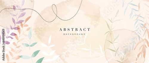 Abstract art flower background vector. Luxury minimal style wallpaper with golden line art floral and botanical leaves, Spring growing flowers and Organic shapes watercolor. 