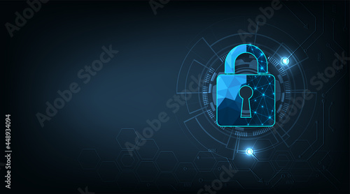 Internet security concept.Security Padlock lock icon on dark blue background.Technology for online data access defense against hacker and virus.Technology security concept. 