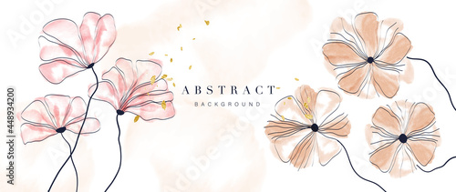 Abstract art flower background vector. Luxury minimal style wallpaper with golden line art floral and botanical leaves, Spring growing flowers and Organic shapes watercolor. 