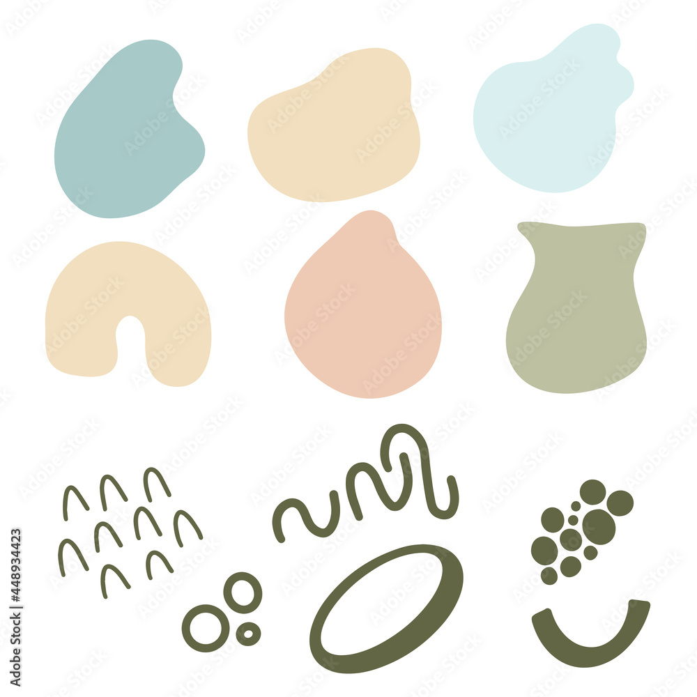 Set of hand drawn colorful shapes and doodle objects - circles, lines, arcs. Vector illustration with abstract random design elements isolated on white background