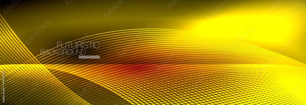 Abstract neon glowing light in the dark with waves. Shiny magic energy and motion concept, vector abstract wallpaper background Abstract neon glowing light in the dark with waves. Shiny magic energy and motion concept, vector abstract wallpaper background