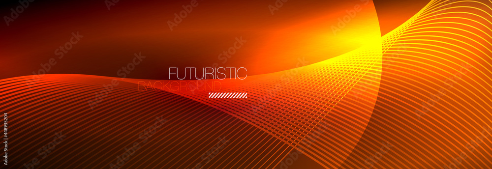 Abstract neon glowing light in the dark with waves. Shiny magic energy and motion concept, vector abstract wallpaper background Abstract neon glowing light in the dark with waves. Shiny magic energy and motion concept, vector abstract wallpaper background
