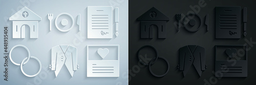 Set Suit, Marriage contract, Wedding rings, Greeting card, Plate, fork and knife and Church building icon. Vector