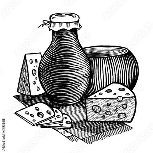 Still life with a pot, a cheese head, pieces of cheese and slices, vector illustration. Vintage graphics and handwork. A collection of farm products.