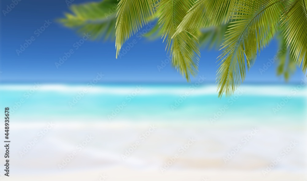 Sand with blurred Palm and tropical beach bokeh background,