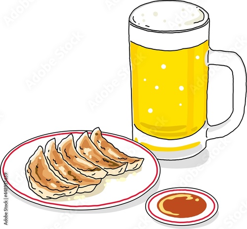 冷えたビールと焼き餃子のイラスト