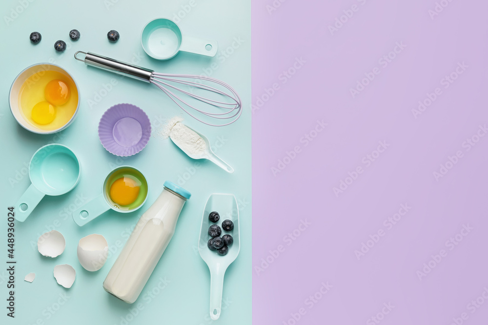 Ingredients for preparing bakery and kitchen utensils on color background Ingredients for preparing bakery and kitchen utensils on color background