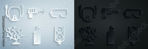 Set Aqualung, Diving mask, Coral, Gauge scale, Fishing harpoon and icon. Vector