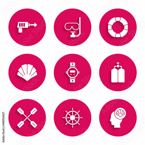 Set Diving watch, Ship steering wheel, Scallop sea shell, Aqualung, Paddle, Lifebuoy and Fishing harpoon icon. Vector