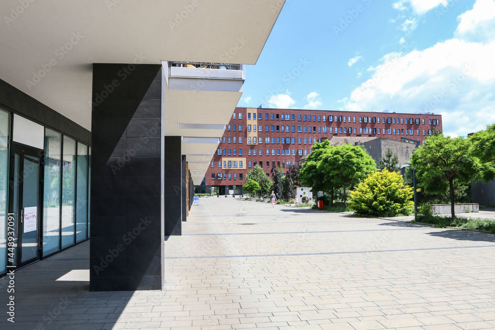 KRAKOW,POLAND - MAY 27, 2021: Modern apartment building in Zablocie district, Krakow, Poland.
