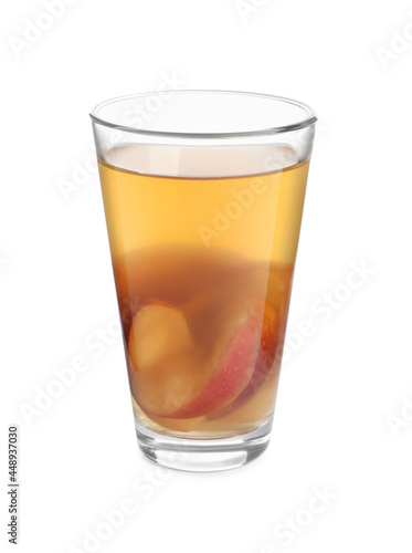 Delicious compot with dried apple slices in glass on white background