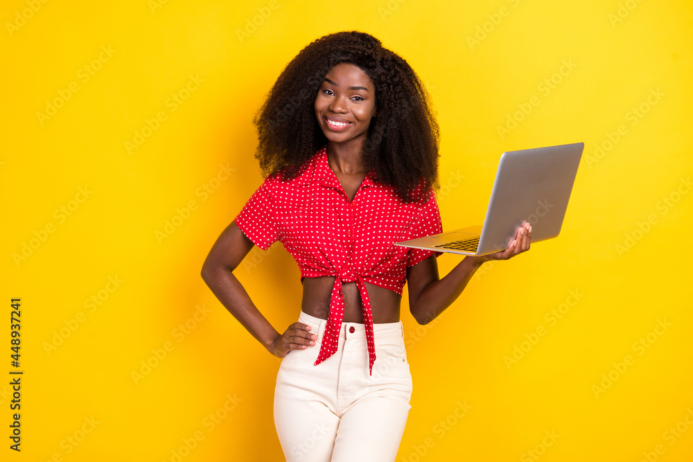 Photo of nice optimistic brown hair lady hold laptop wear shirt isolated on yellow color background