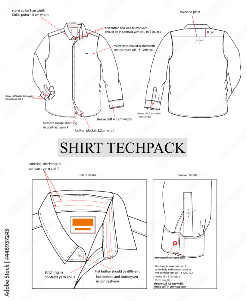 shirt tech pack, spec sheet, shirt technical details, shirt spec sheet, tech packs, men