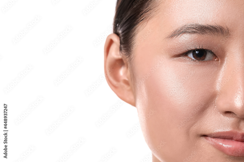Beautiful young woman on white background, closeup Beautiful young woman on white background, closeup