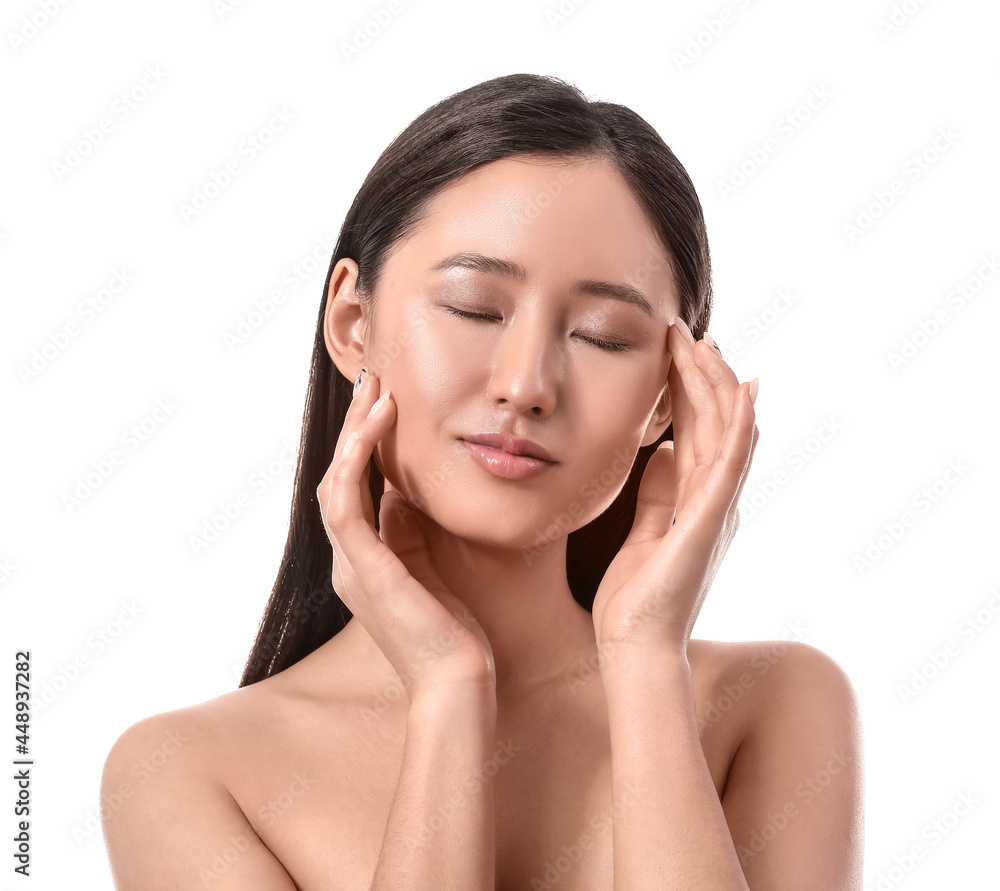 Beautiful young woman on white background