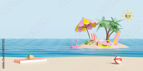 summer travel with yellow suitcase, beach chair,island,camera,umbrella,Inflatable flamingo,coconut tree,sandals,plane,cloud isolated on blue sky background, concept 3d illustration or 3d render