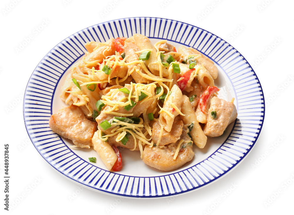 Plate with tasty cajun chicken pasta on white background Plate with tasty cajun chicken pasta on white background