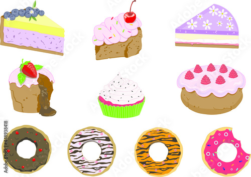 Set of delicious sweets. Cakes, cupcakes, donuts. Berries, cream, chocolate. Vector illustrations
