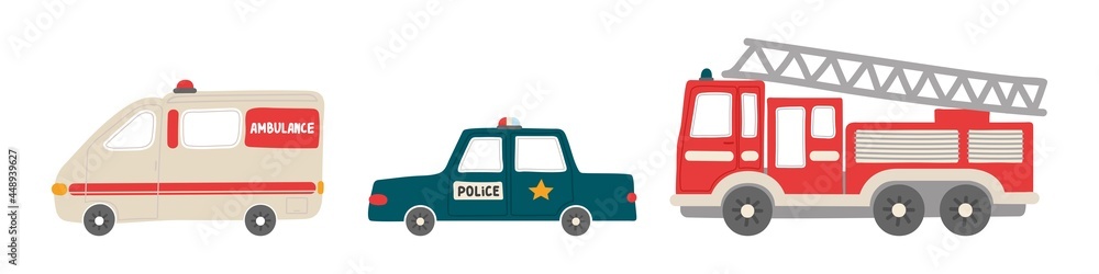 Collection of city cars. Cute funny transport. Vector illustration in flat cartoon style. Ambulance car, police, fire truck for design of kids clothes, bed linen, textiles, postcards, kids room. Collection of city cars. Cute funny transport. Vector illustration in flat cartoon style. Ambulance car, police, fire truck for design of kids clothes, bed linen, textiles, postcards, kids room.