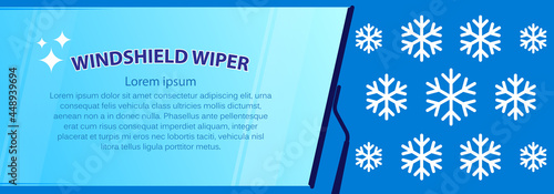 Brushes and clean car windshield. Concept for cleaning products, screen wash, polishing, nano-coatings against ice and snow. Web banner with place for text