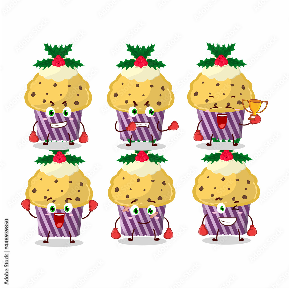 Fototapeta premium A sporty cupcake with holly berry boxing athlete cartoon mascot design