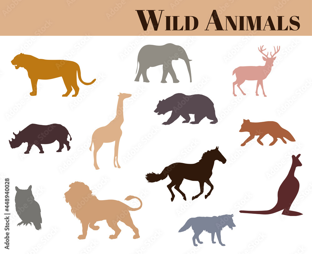 Various wild animals vector icon set in different colors on white background