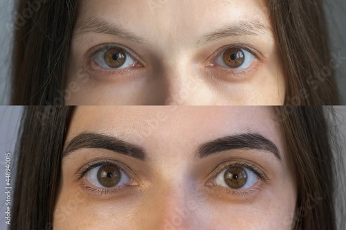 Woman's eyes before and after lash lifting laminating and eyebrow painting procedure. Professional beauty procedure in cosmetology clinic beauty salon. Expectation and reality. photo