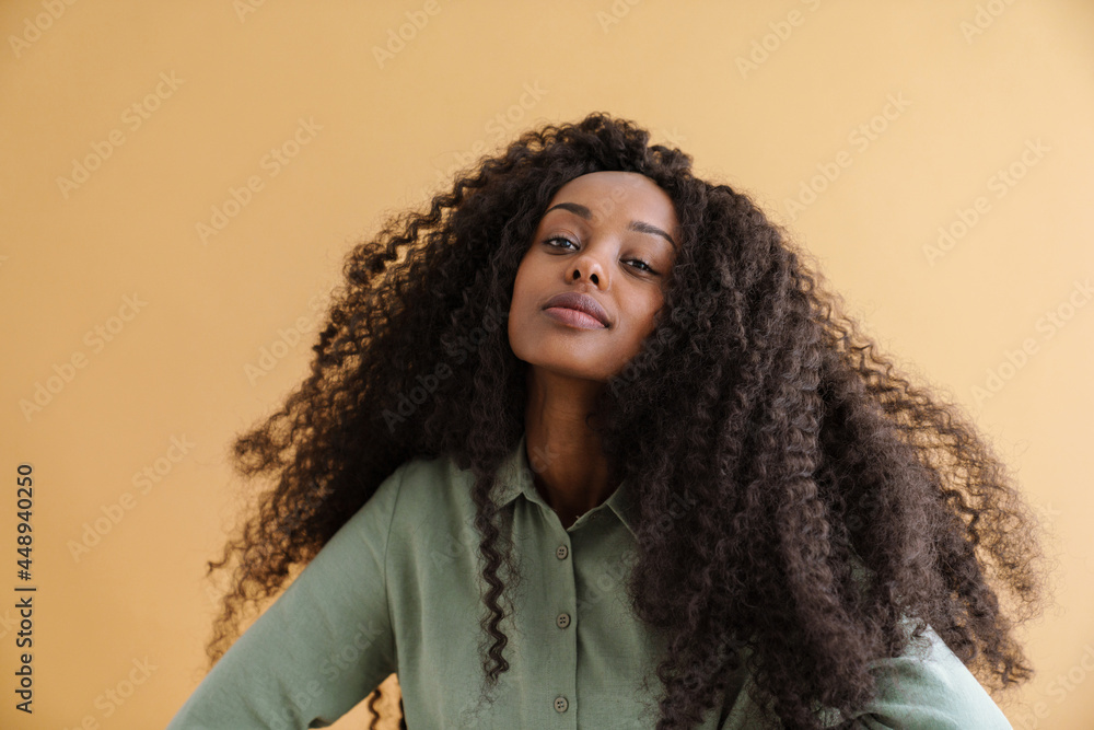 Young black woman with curly hair posing and looking at camera Young black woman with curly hair posing and looking at camera