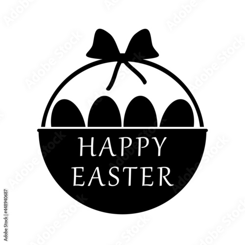 Round wicker basket with easter eggs. Vector drawing and icon on blank background. Isolated black and white silhouette. Editable illustration.