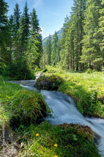 a strong flow in a mountain creek with melting water from the alps in summer