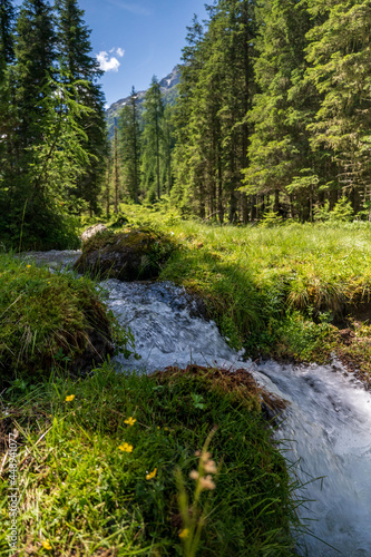 a strong flow in a mountain creek with melting water from the alps in summer
